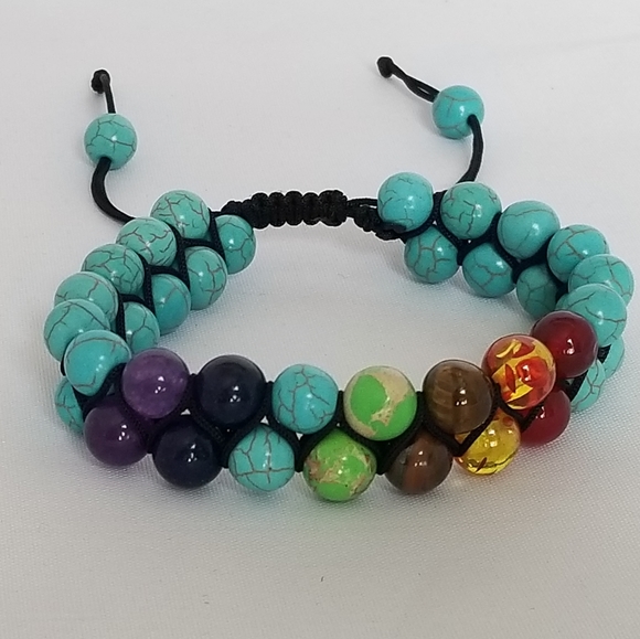 7 Chakra Dbl Layer Turquoise Lava Stone Bracelet - Picture 5 of 5